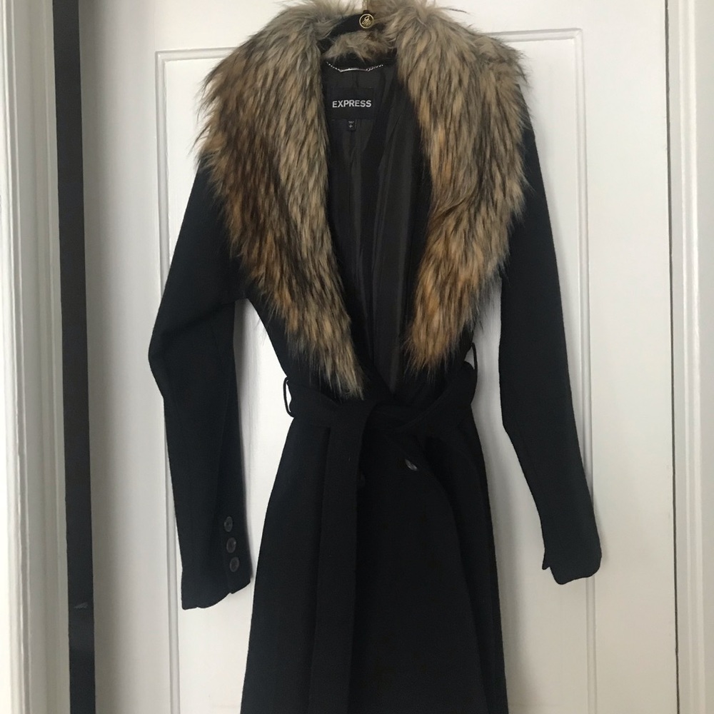 Black Wool Coat With Removable Faux Fur Collar